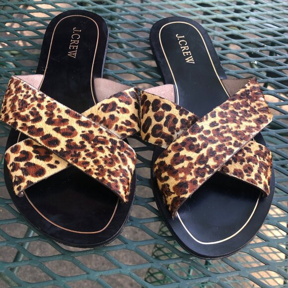 J Crew Leopard Print Cross Strap Sandals Size 7 Leather Slides Flip Flops NOTE - Picture 4 of 16